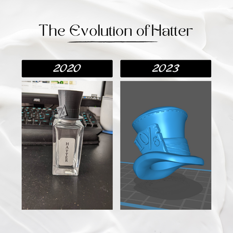 Side by side of a bottle with a simple 3d printed top hat compared to the new hatter cap design with curves and character