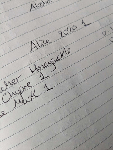 An early photo from the formula book showing Alice 2020 with 3 components, Honeysuckle, Chypre, and Musk