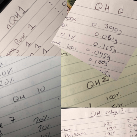 A collage of handwritten perfume formulae notes showing multiple different versions of QH.