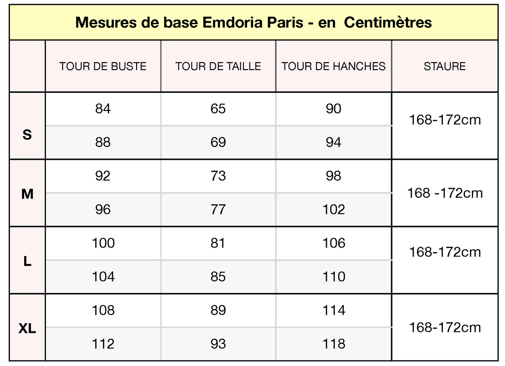 Tableau de mesures pour les produits stretch et tops Emdoria Paris