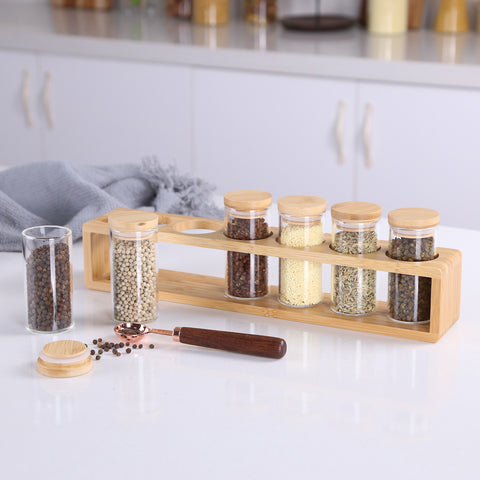 Herb and Spice Jars: 6 x Glass Herb and Spice Jars with Wooden Lids