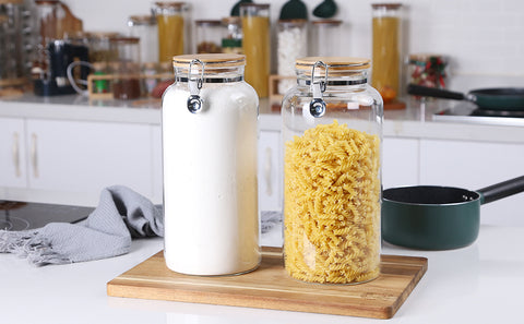 Tall Borosilicate Glass Airtight Wooden Lid Storage Jar Pasta Rice