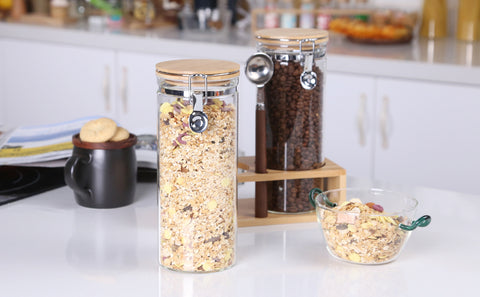 KKC Large Glass Storage Jar Canisters with Airtight Hinged Bamboo