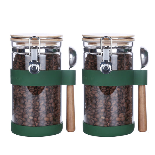 Glass Coffee Canister with Scoop, Coffee Bean Storage with 2x48oz Airtight  Glass Jars, Coffee Storage Container with Shelf and Lids Scoop, Kitchen