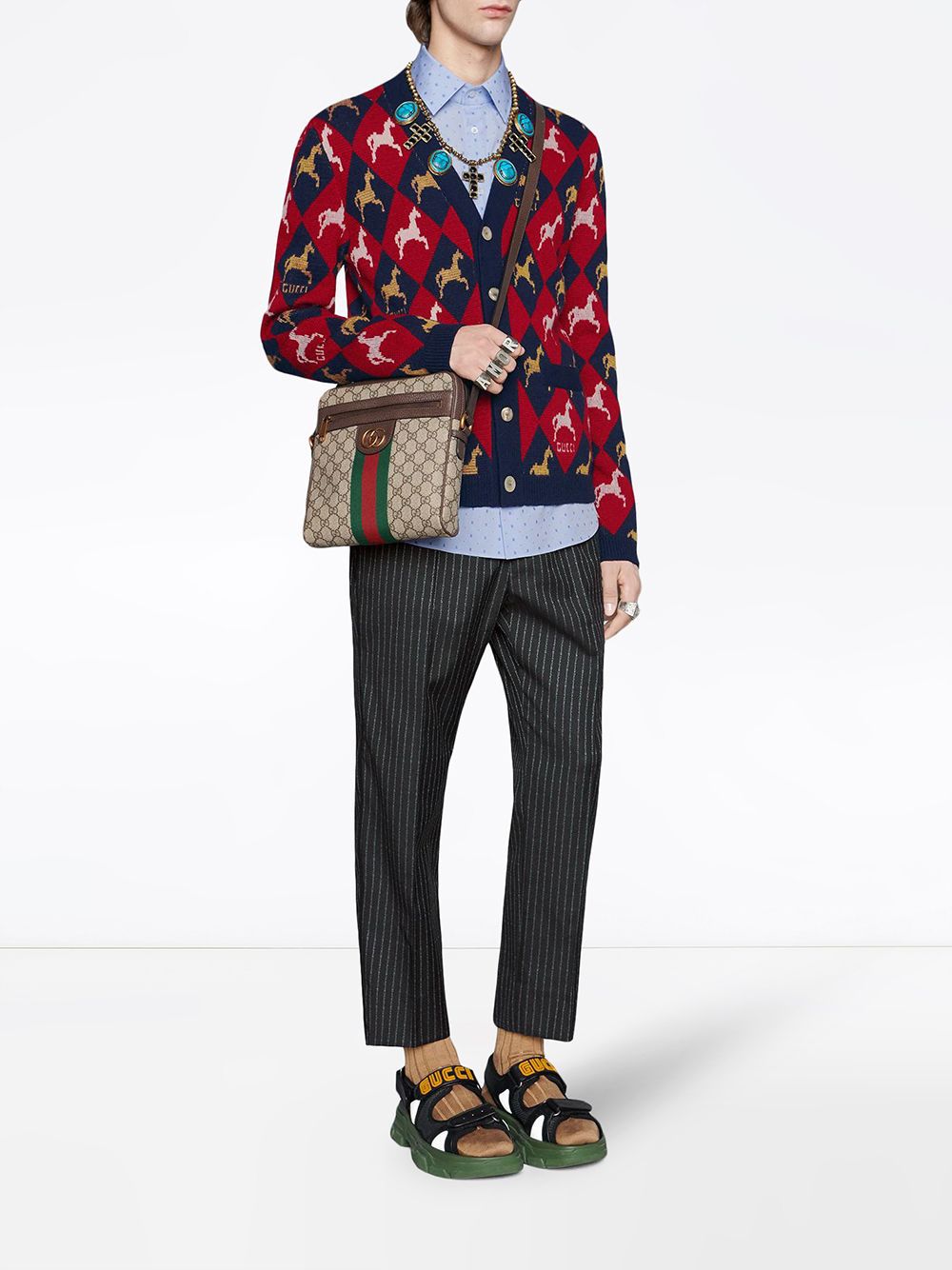 Gucci Men Gg Supreme Fabric And Leather Shoulder Bag With Iconic Web Band