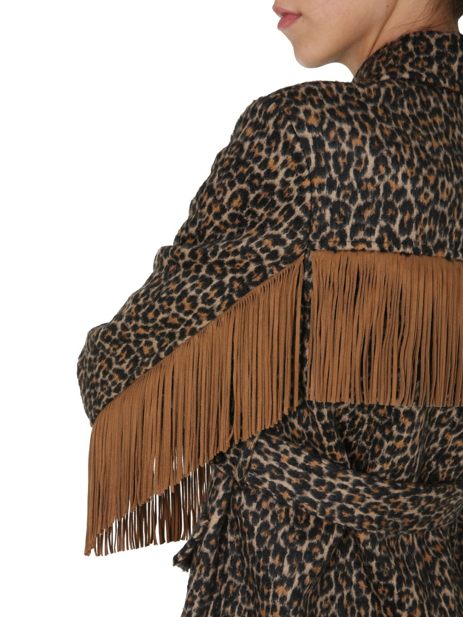 Saint Laurent Belted Fringed Leopard Wool-blend Jacquard Jacket