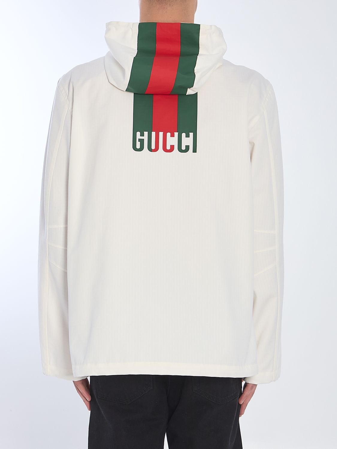 Gucci White Jacket With Logo Lettering Embroidery On The Front And Maxi Web Print On The Rear In Cot In White