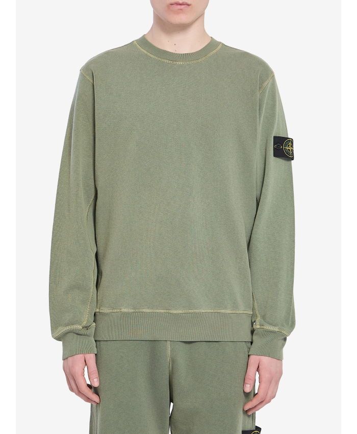 Stone Island Green Crewneck Sweatshirt With Logo Patch On The Sleeve In Cotton Man