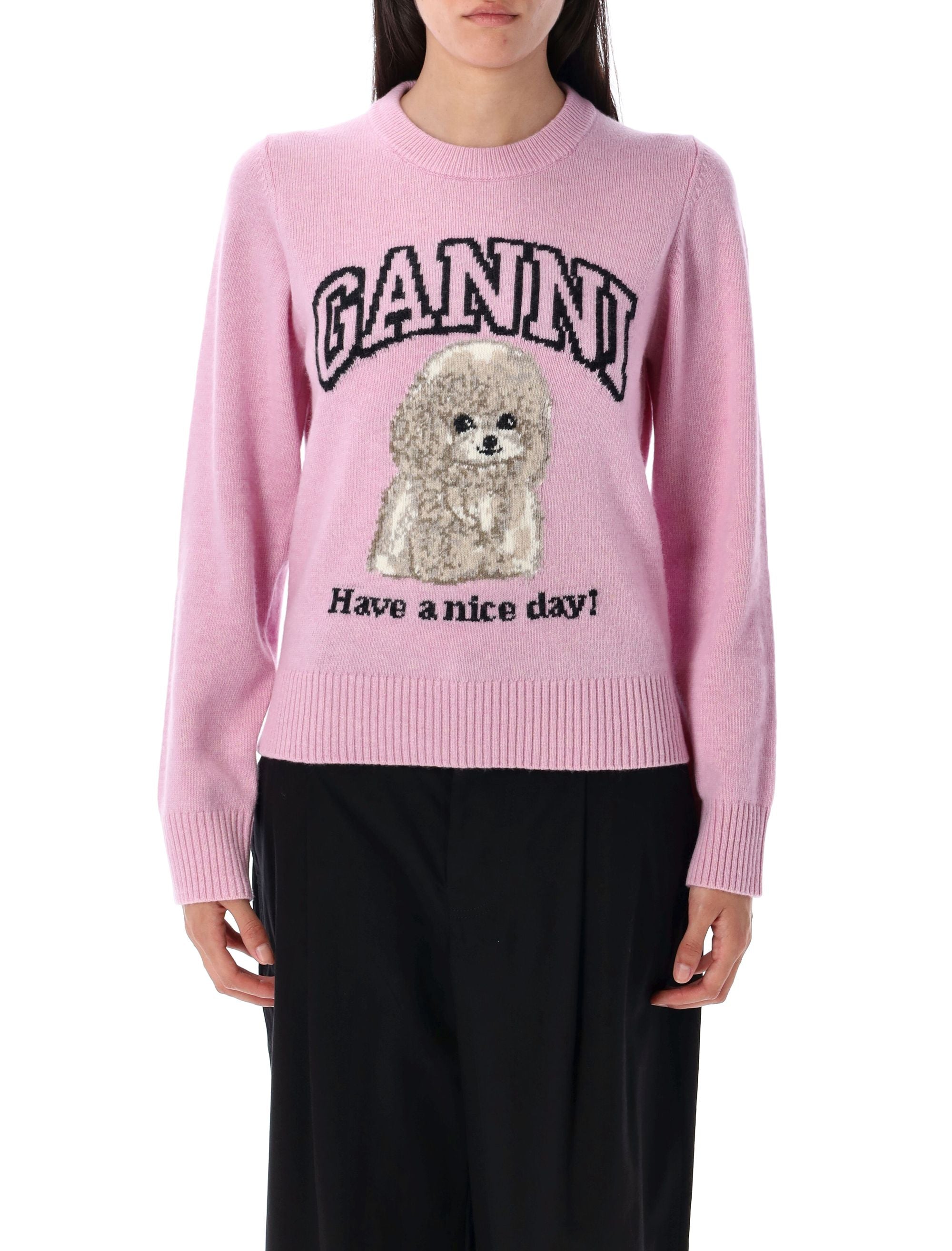 Ganni Womens Chalk Pink Poodle Logo-motif Wool-blend Knit Jumper Xs