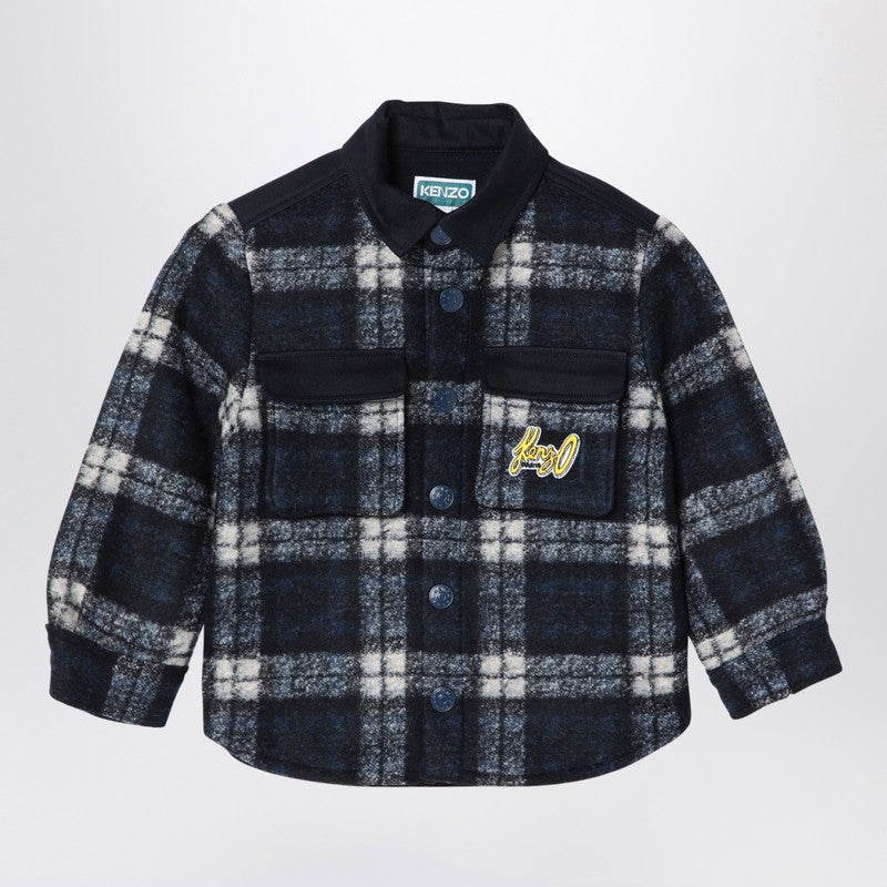 Kenzo Navy Blue Chequered Shirt In Wool Blend