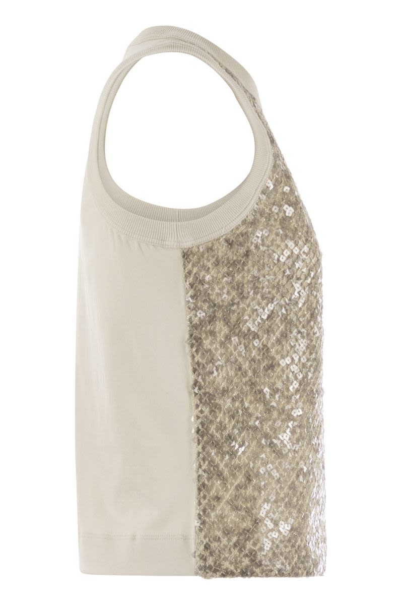 Brunello Cucinelli Stretch Cotton Jersey Top With Dazzling Net Embroidery