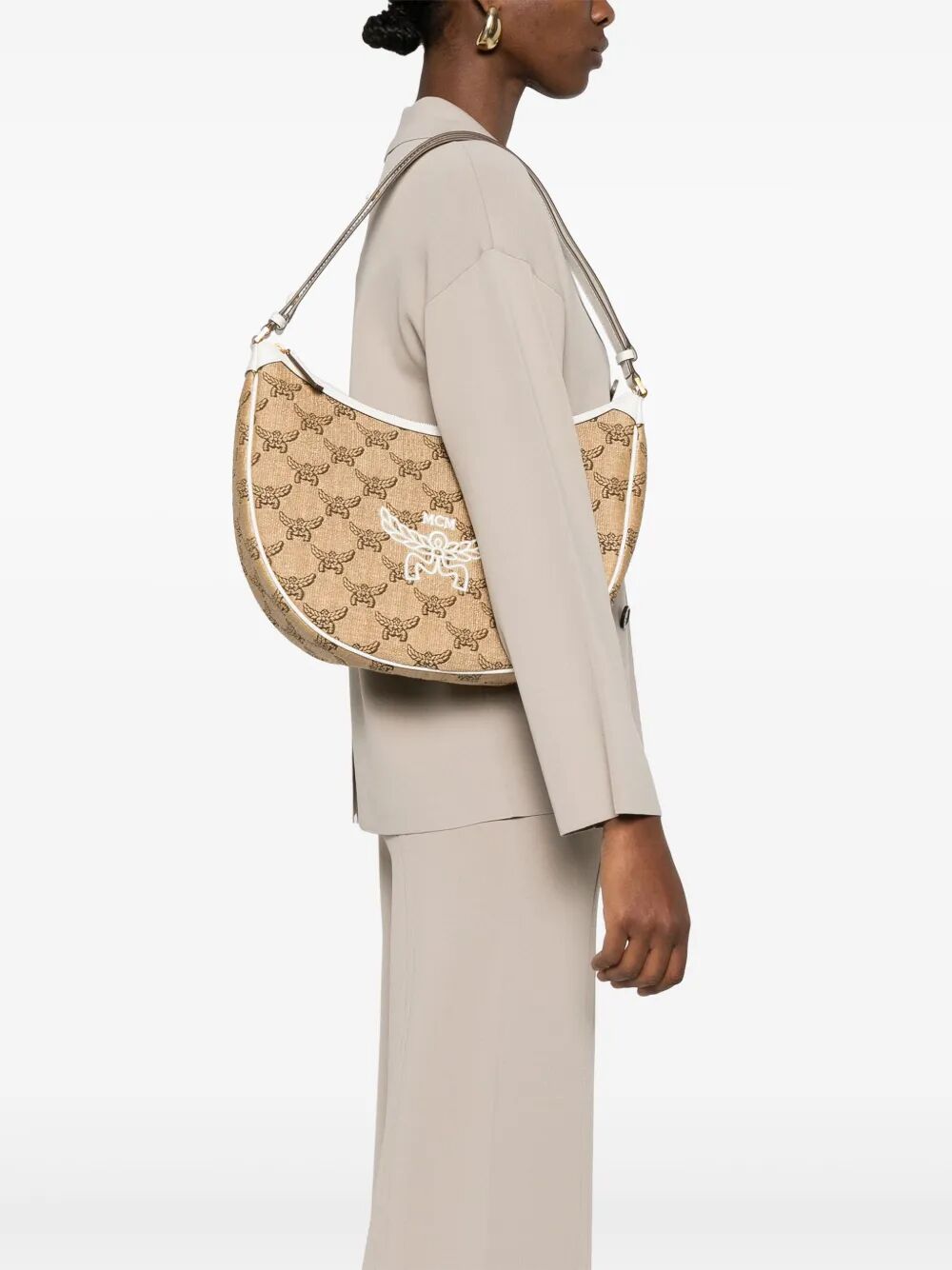 Mcm Women Embroidered Raffia Himmel Ascending Moon Shoulder Bag