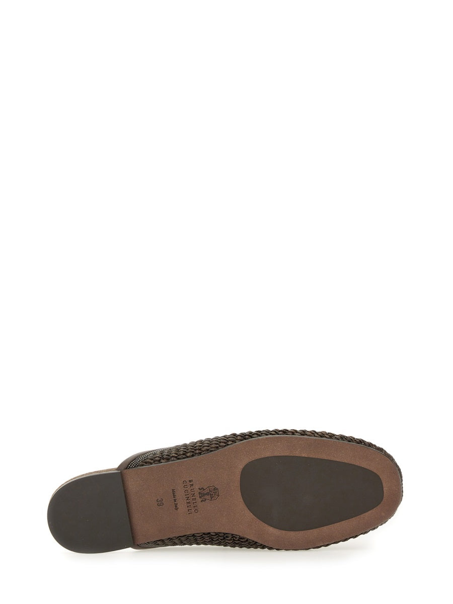 Brunello Cucinelli Monili-embellished Raffia Slippers In Brown