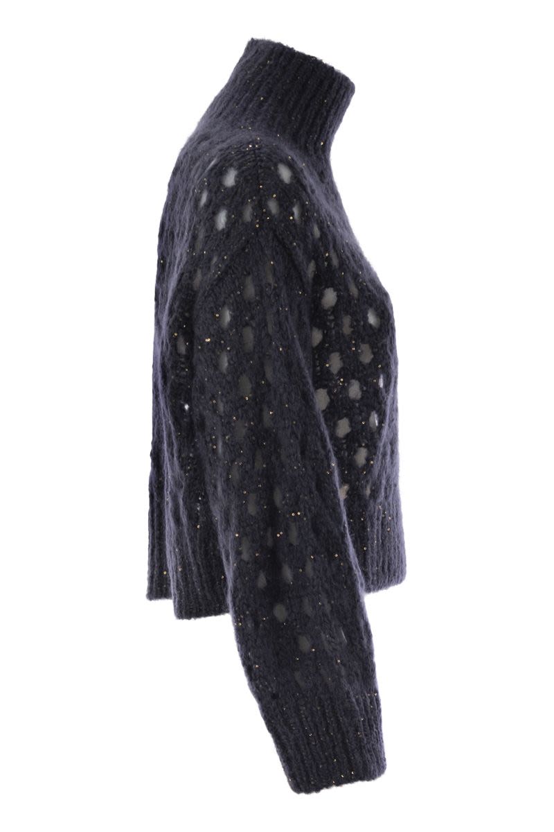 Brunello Cucinelli Women Dazzling Net Turtleneck Sweater Made Of Mohair And Wool Wispy In Blue