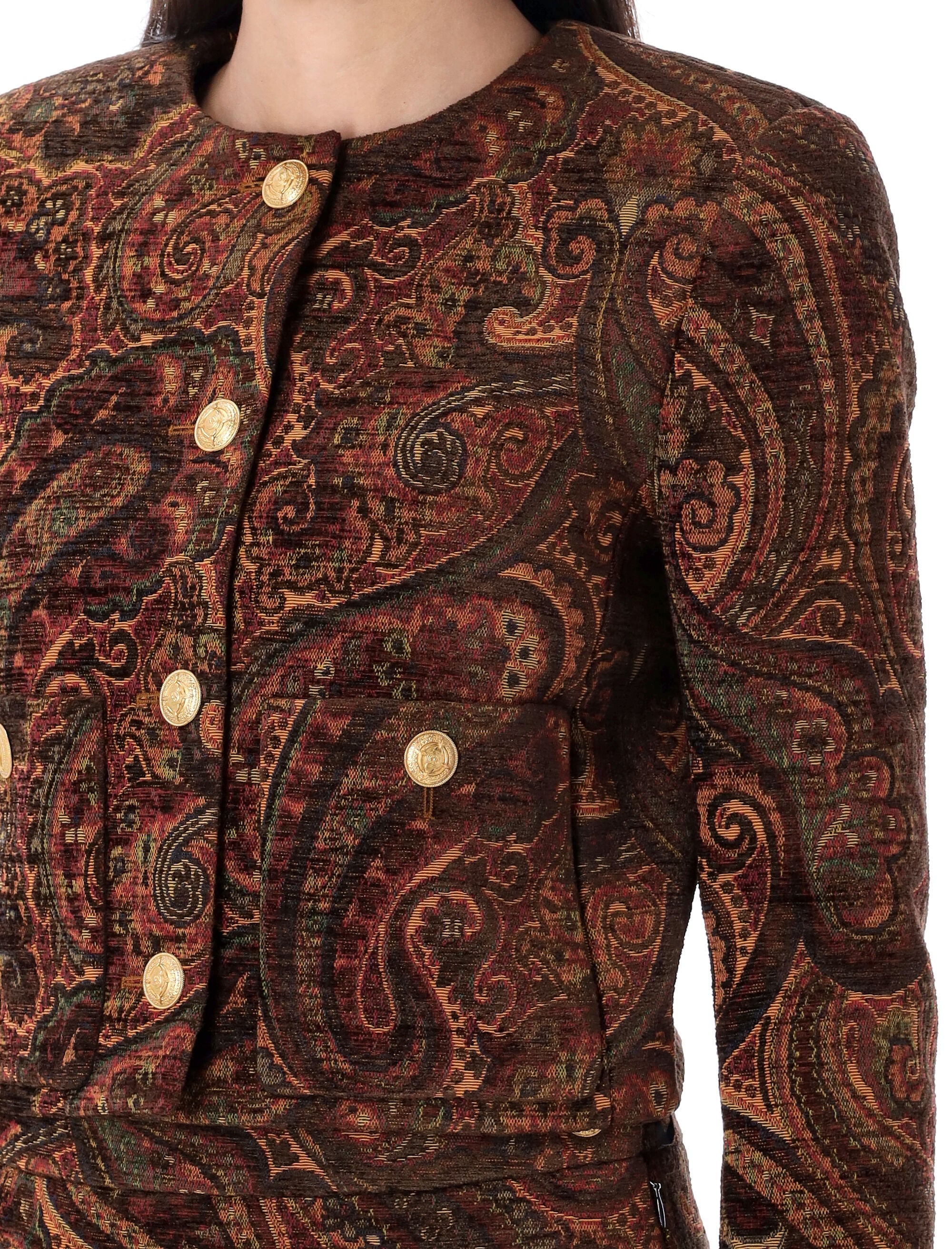 Chloé Multicolor Cropped Jacket With Round Neck And All-over Motif In Cotton Blend Woman In Brown