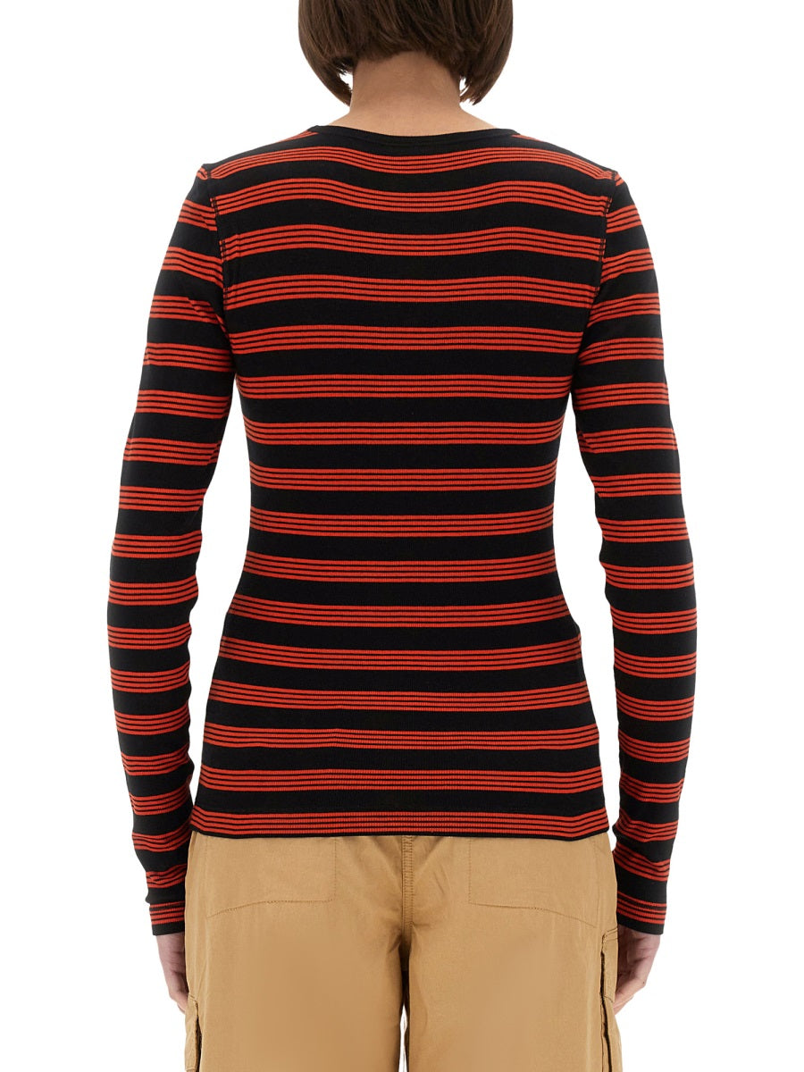 Ganni Fitted Long-sleeved T-shirt With Bold Striped Pattern In Red