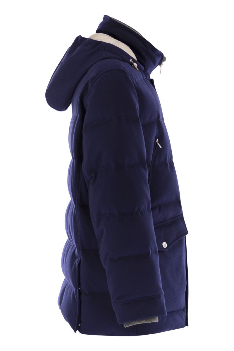 Brunello Cucinelli Men Wool Down Jacket With Detachable Hood In Blue
