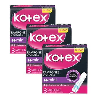 Kotex Tampones Mini Tampons Light  Absorbent Tampons with Blue Protection Techonology, 8 count (pack of 3)