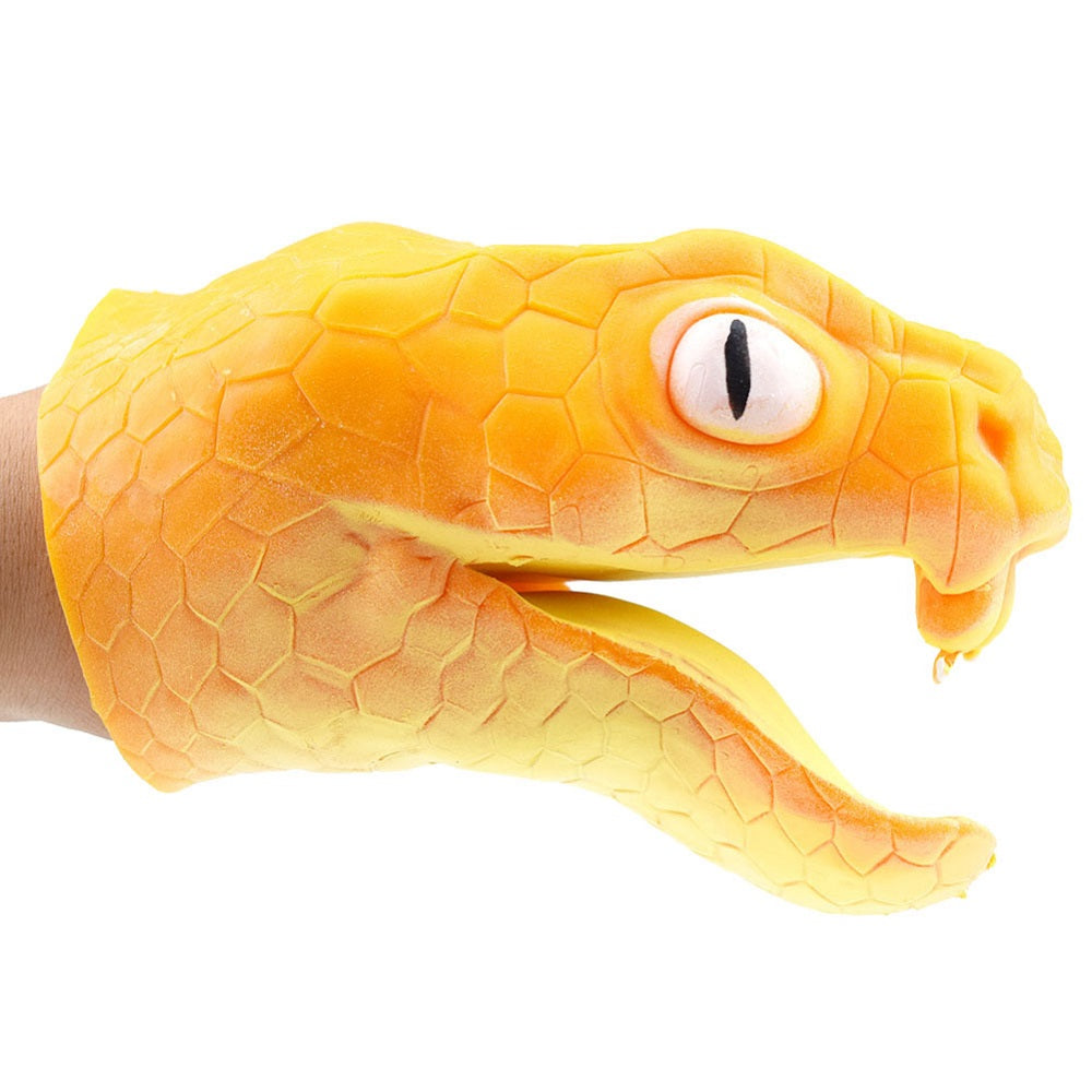 Image of Kids Silicone Dinosaur Hand Puppet Gloves Story Telling Dinosaur Viper Snake Toy, Orange Viper