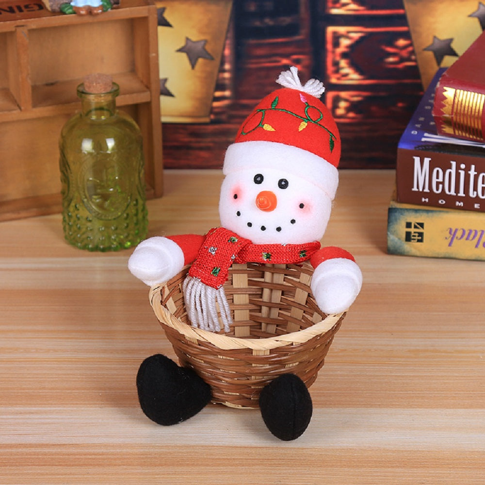 Image of Christmas Candy Storage Box Decoration Bamboo Basket Bowl, Snowman