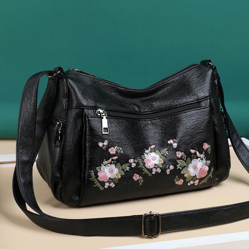 Image of Womens Ethnic Flower Embroidered Soft Leather Crossbody Bag, Black