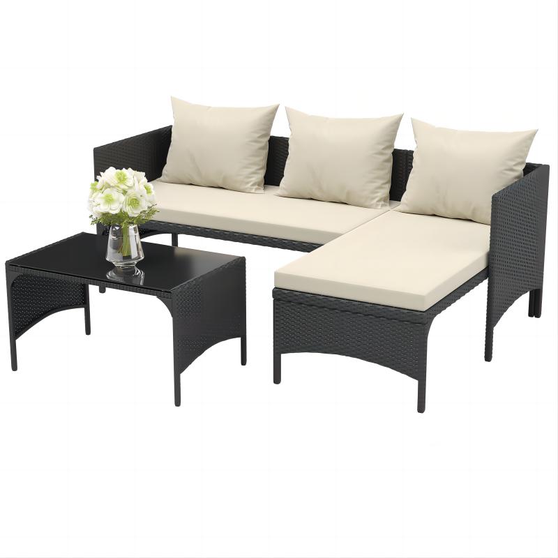 Image of 3 Pieces Outdoor PE Rattan Furniture Chaise Conversation Set with Loveseat Sofa, Black / Without Cover