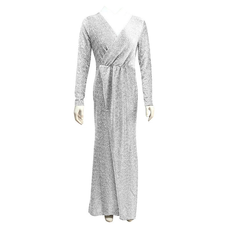 Image of Womens Sexy Deep V-Neck Gown Long Sleeve Party Dress, White / XL