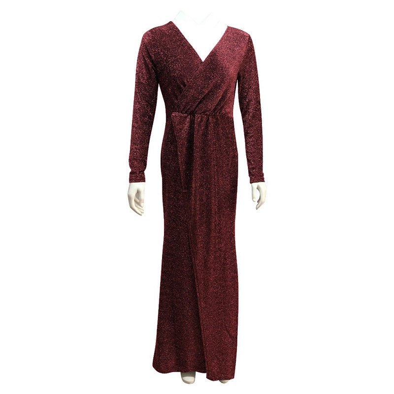 Image of Womens Sexy Deep V-Neck Gown Long Sleeve Party Dress, Red / M