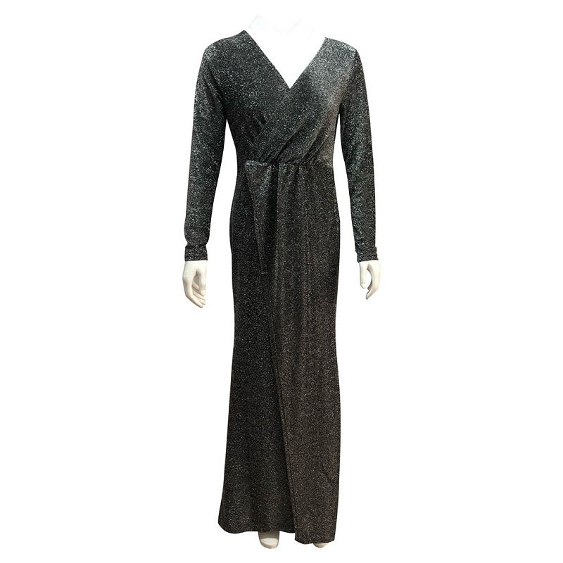 Image of Womens Sexy Deep V-Neck Gown Long Sleeve Party Dress, Black / 2XL