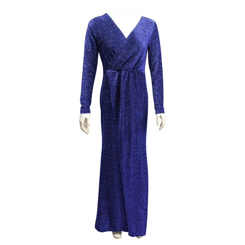 Image of Womens Sexy Deep V-Neck Gown Long Sleeve Party Dress, Blue / 2XL