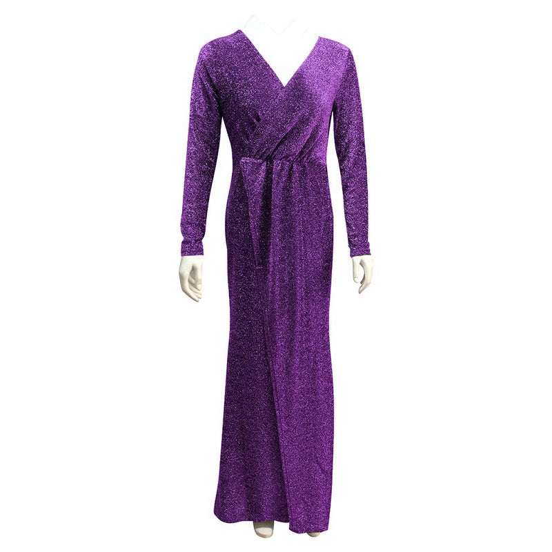 Image of Womens Sexy Deep V-Neck Gown Long Sleeve Party Dress, Purple / 2XL