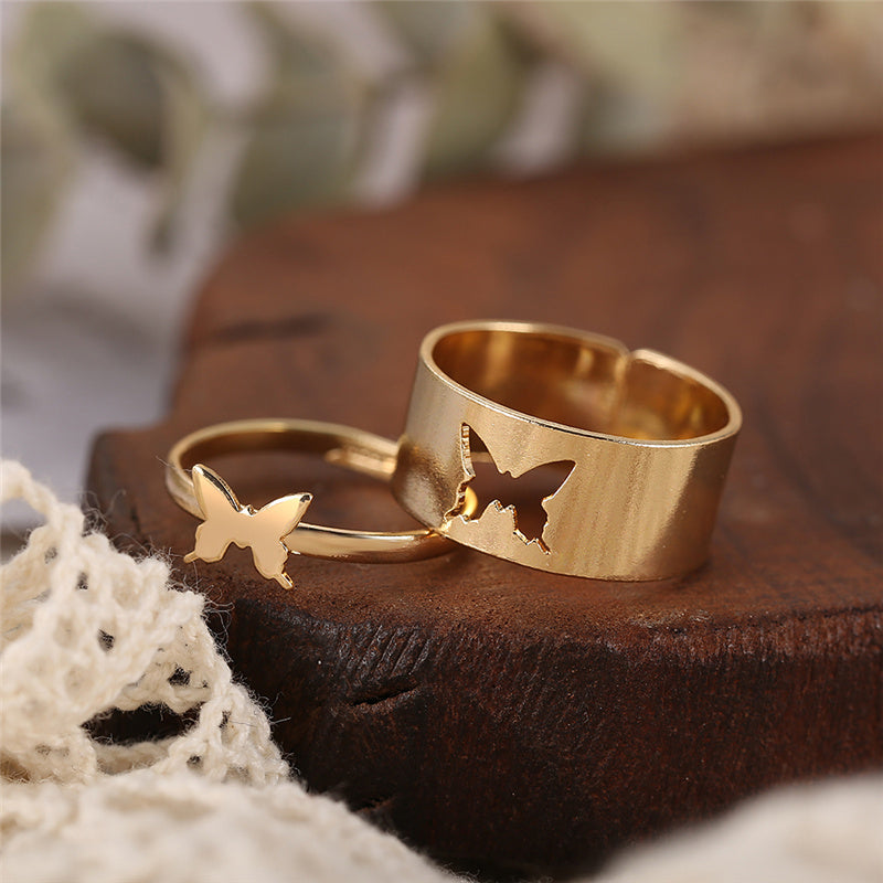 Image of Creative Exquisite Fashion Couple Ring Set Lover Engagement Wedding Jewelry, Butterfly / Gold