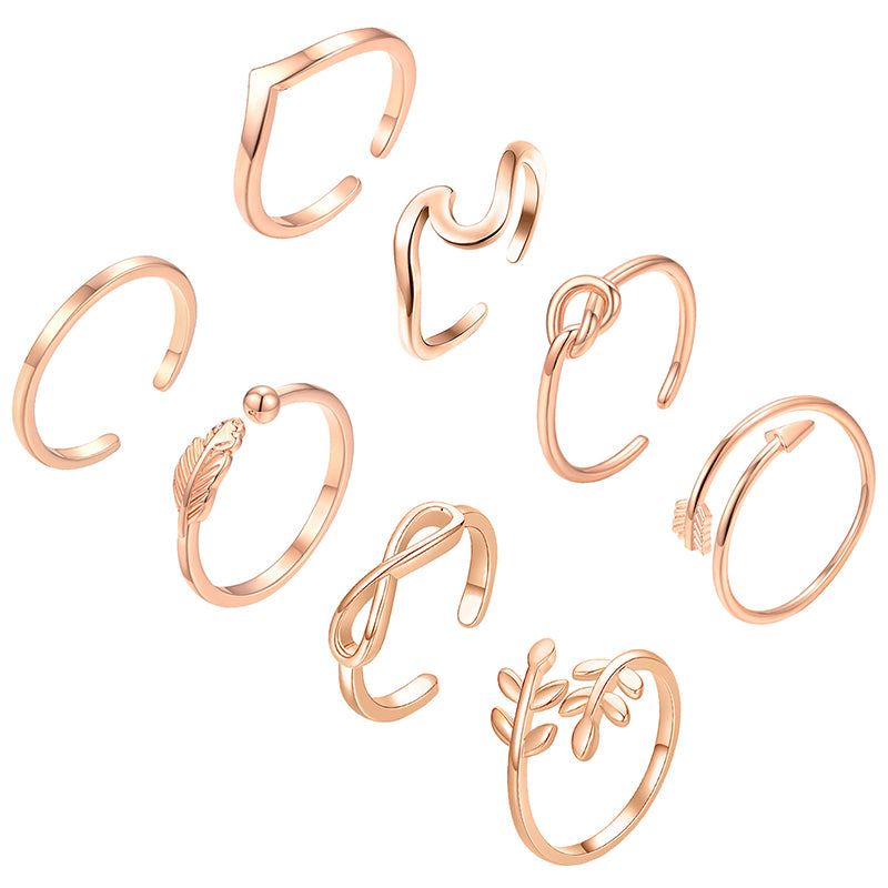 Image of 8 Pieces Arrow Knot Wave Adjustable Open Rings Set, Rose Gold
