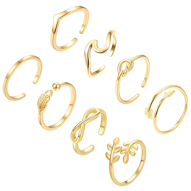 Image of 8 Pieces Arrow Knot Wave Adjustable Open Rings Set, Gold