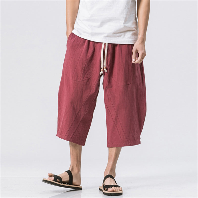 

Summer Men's Cotton linen Shorts Japanese And Korean Style Casual Loose Short Pant Trousers - Red / XXL