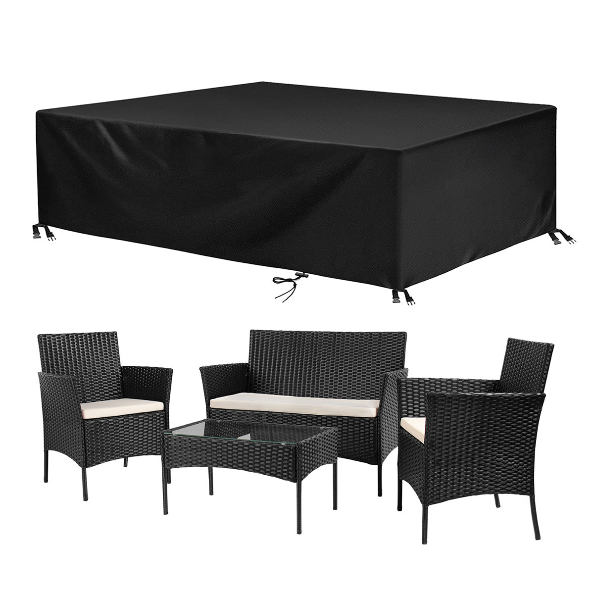Image of 4-Seater Rattan Garden Furniture Patio Conversation Set Table Chairs, Black / With Cover