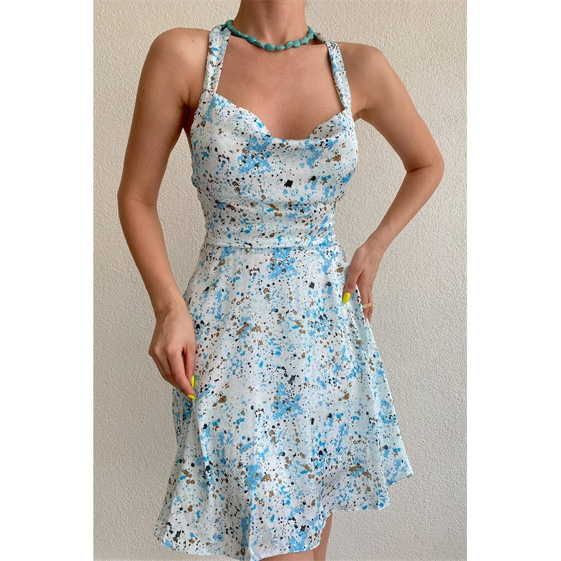 

Womens Elegant A Line Midi Dress Summer Sexy Sleeveless Floral Print Backless Halter Neck Dress for Holiday Beach - Blue / M