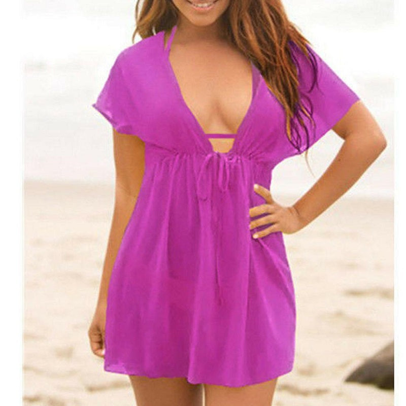Image of Womens Deep V-Neck Bikini Cover Ups See-Through Dress, Purple