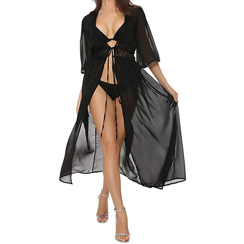 Image of Womens Sexy Bikini Lace-Up Hollow Long Shawl Cardigan Dress, Black / XXL