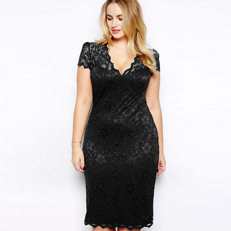 Image of Elegant Plus Size Short Sleeve V-Neck Lace Dresses for Women, Black / XL