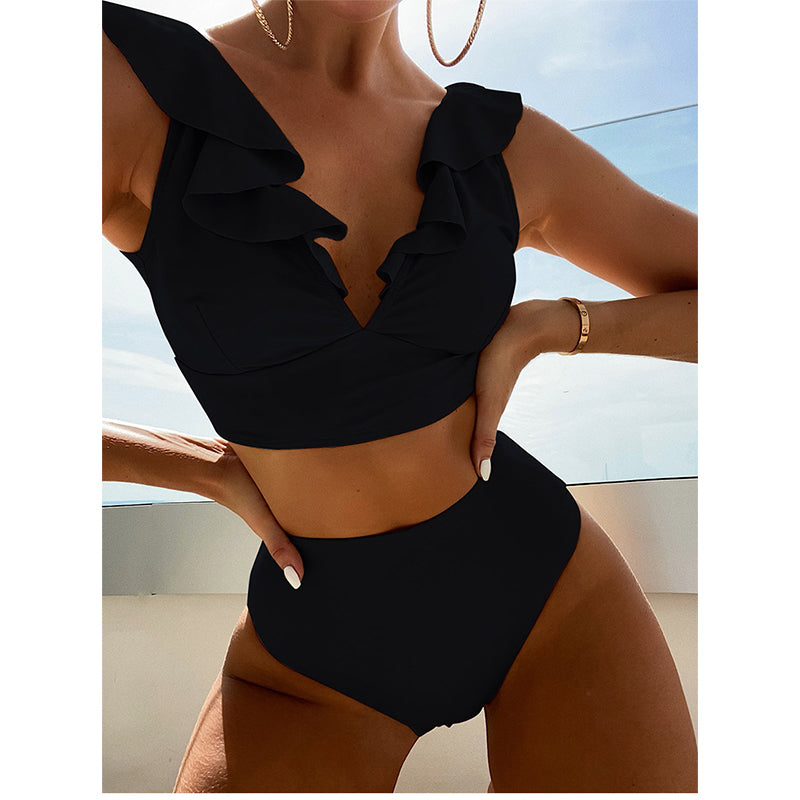 Image of High Waist V-Neck Sexy Ruffles Women Bikini Swimsuit Set, Black / XL