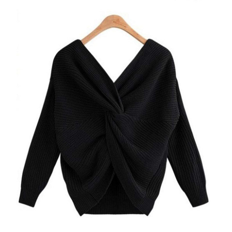 Image of Women Sexy Cross V-neck Long-sleeved Knitted Twisted Back Sweater, Black