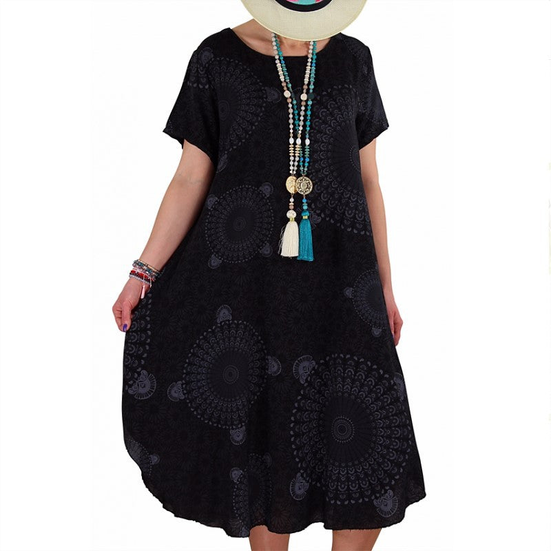 Image of Womens Irregular Dot Print Short-sleeved Boho Loose Dress, Black / 2XL