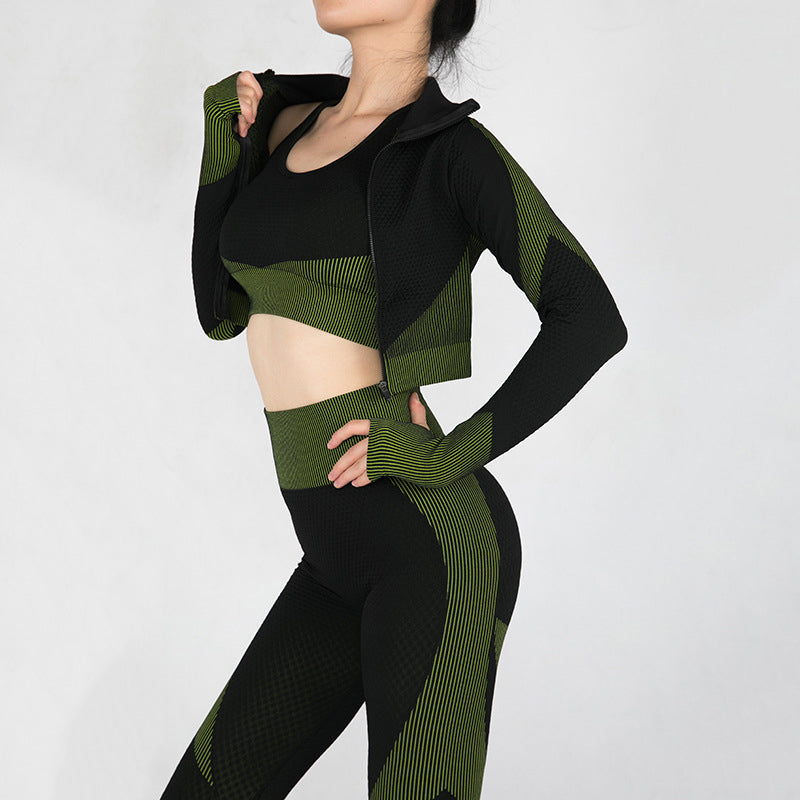 Image of 3 Pieces Women Fitness Sport Seamless Yoga Sets, L / Black+Green