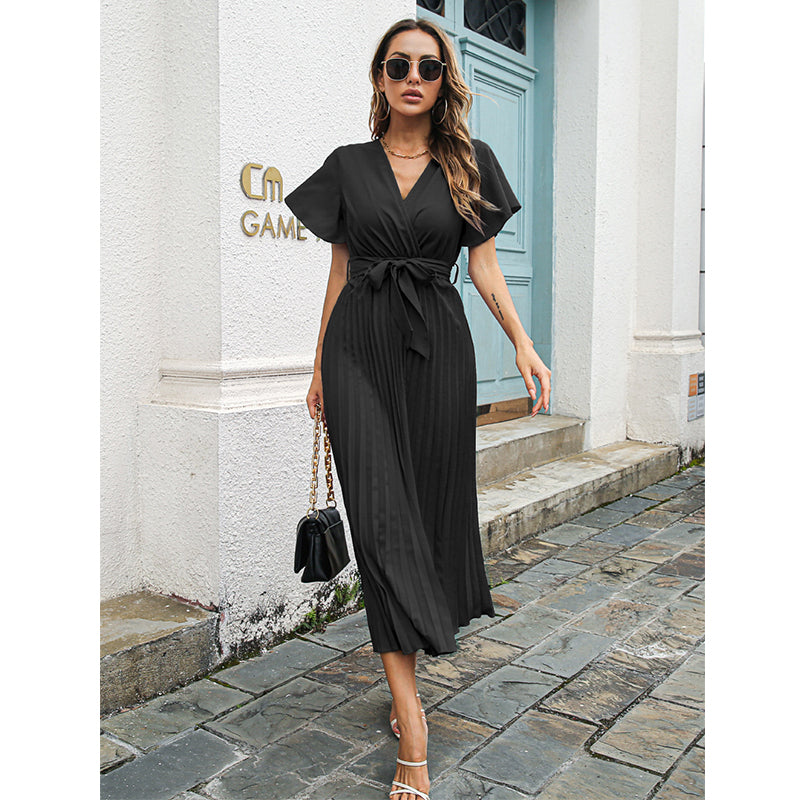 

Popular Women Clothing Spring Summer Leisure Ruffle Sleeve Lace-up Large Pleated Chiffon Dress - L / Black