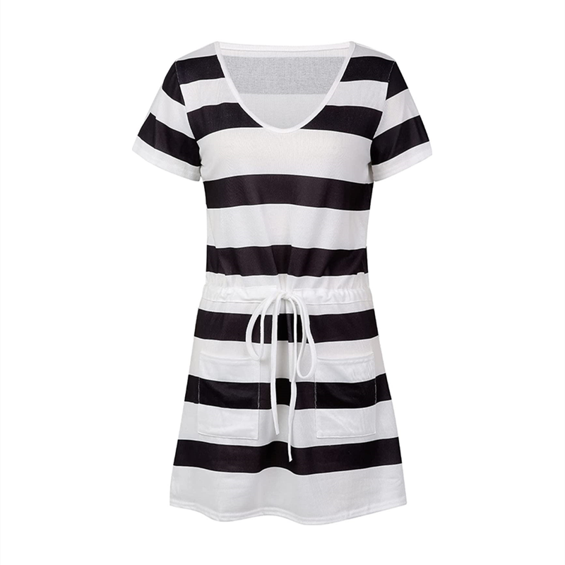 Image of Women V-Neck Striped Print Short Sleeve Dress with Belts Pockets, Black / XL