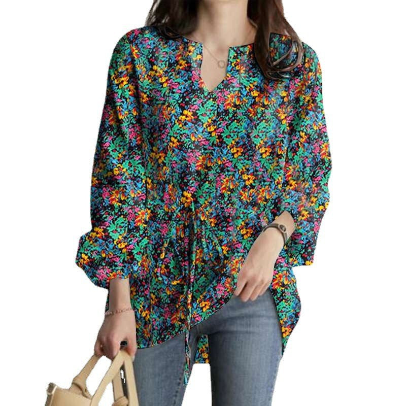 Image of Womens V-Neck Floral Print Long Sleeve Boho Tops with Drawstring, Green / 3XL