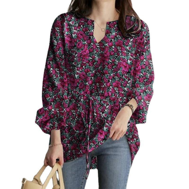 

Womens Sexy V-Neck Floral Print Long Sleeve Loose Blouse Ladies Summer Casual Boho Shirts Tops with Drawstring - Rose / M