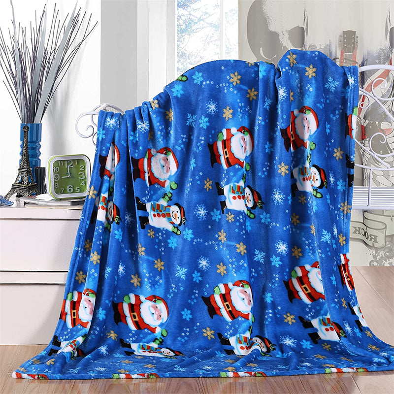 Image of Warm Cozy Christmas Printed Fleece Blanket for Winter Bedding and Sofa, Blue Santa Snowman / 150*200cm