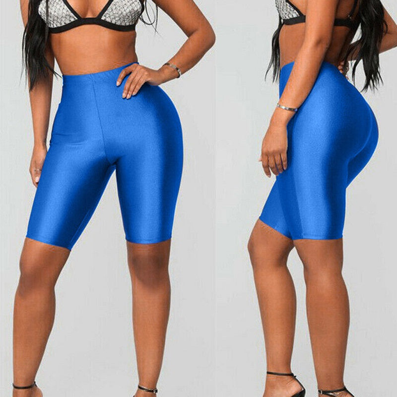 Image of Womens High Waisted Elastic Tight Fashion Glossy Yoga Shorts, Blue / L